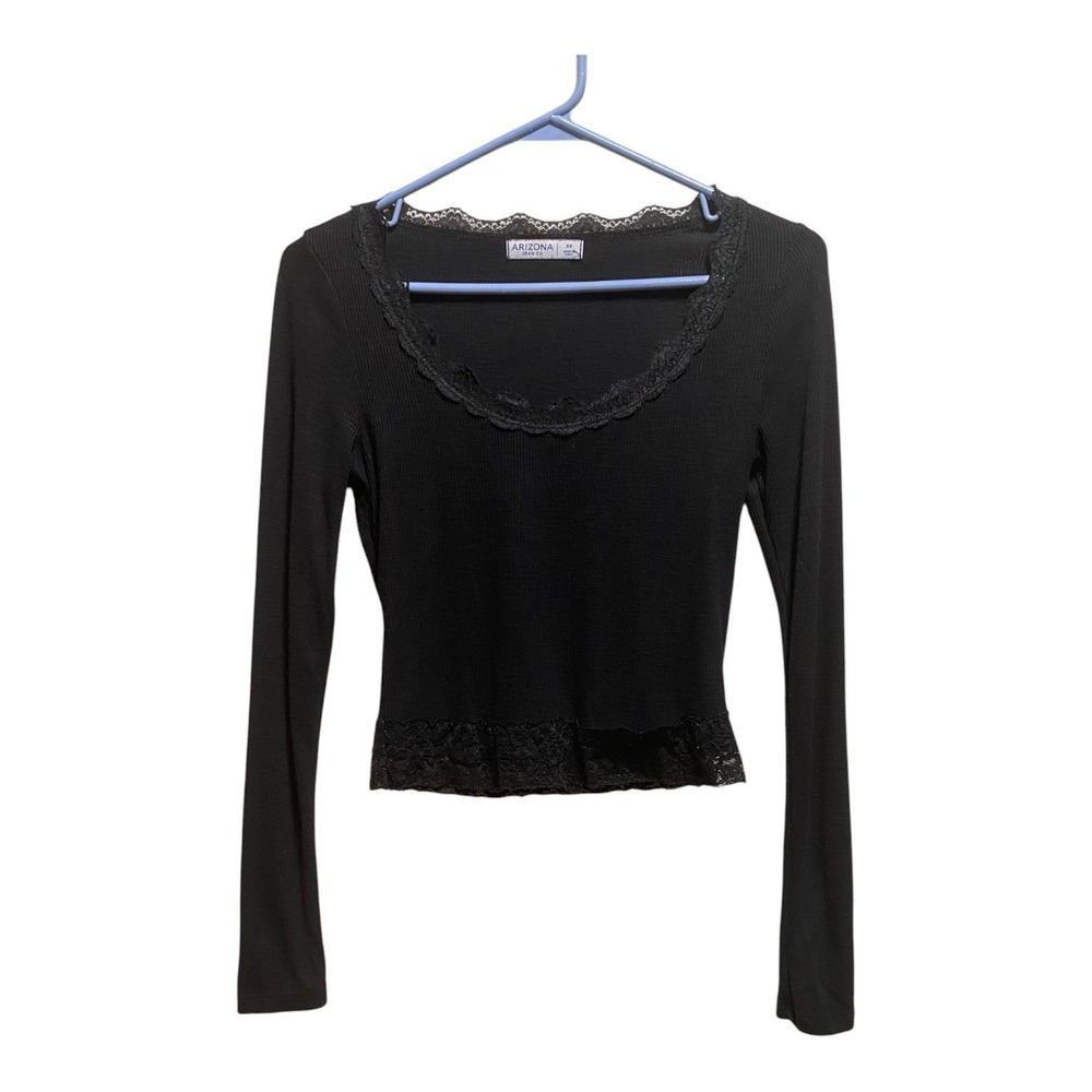 Arizona Jean Co Black Lace Trim Long Sleeve Top XS Y2K Coquette Fitted Shirt